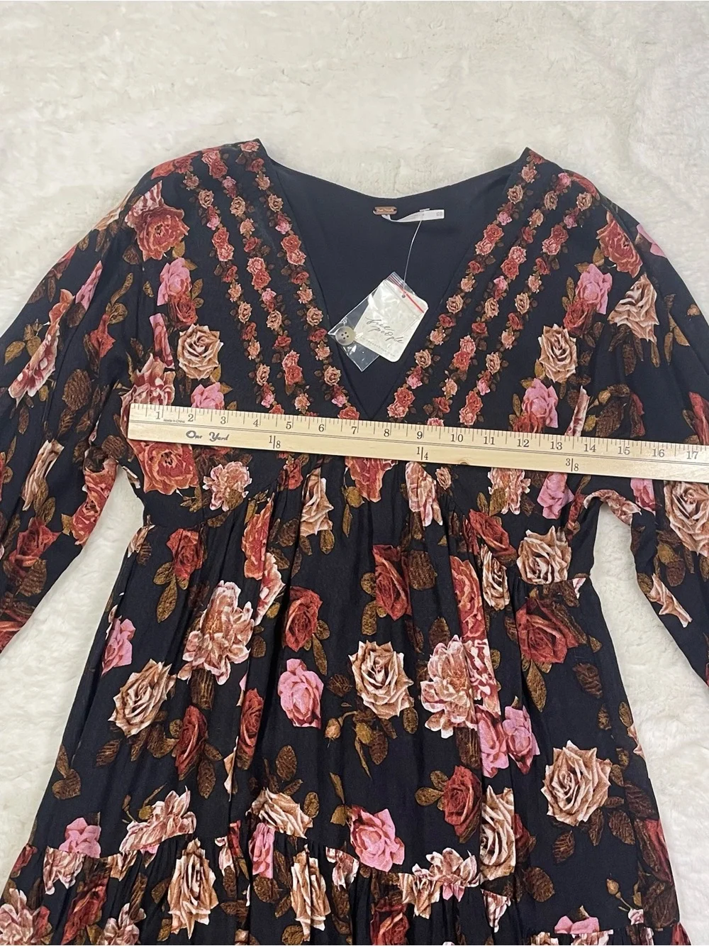 Free People Black Floral V-Neck Tiered Maxi Dress with Warm Blooms